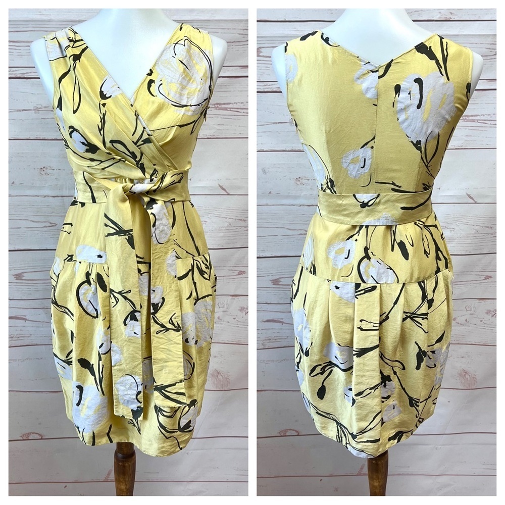 Moschino Painted Floral Silk Faux Wrap Surplice Dress